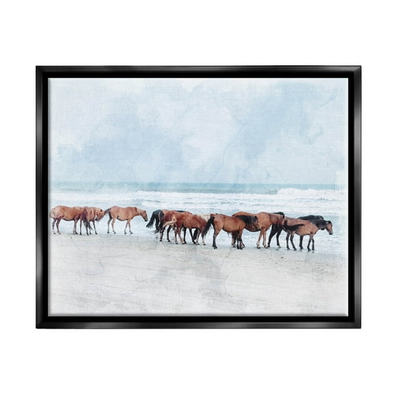 Horse Herd Grazing Beach Shore Animals & Insects Photograph Jet Black Framed Art Print Wall Art