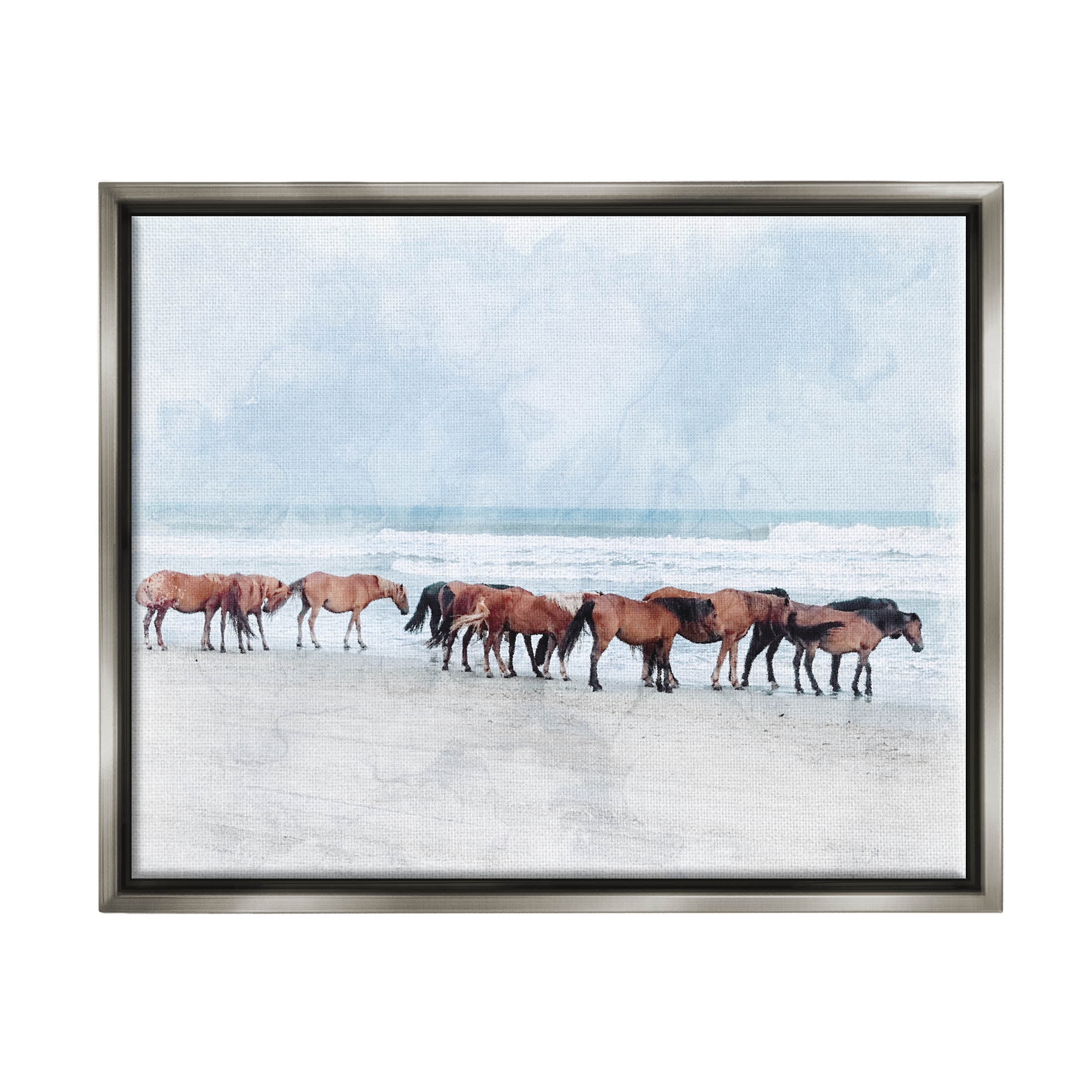 Horse Herd Grazing Beach Shore Animals & Insects Photograph Luster Gray Framed Art Print Wall Art