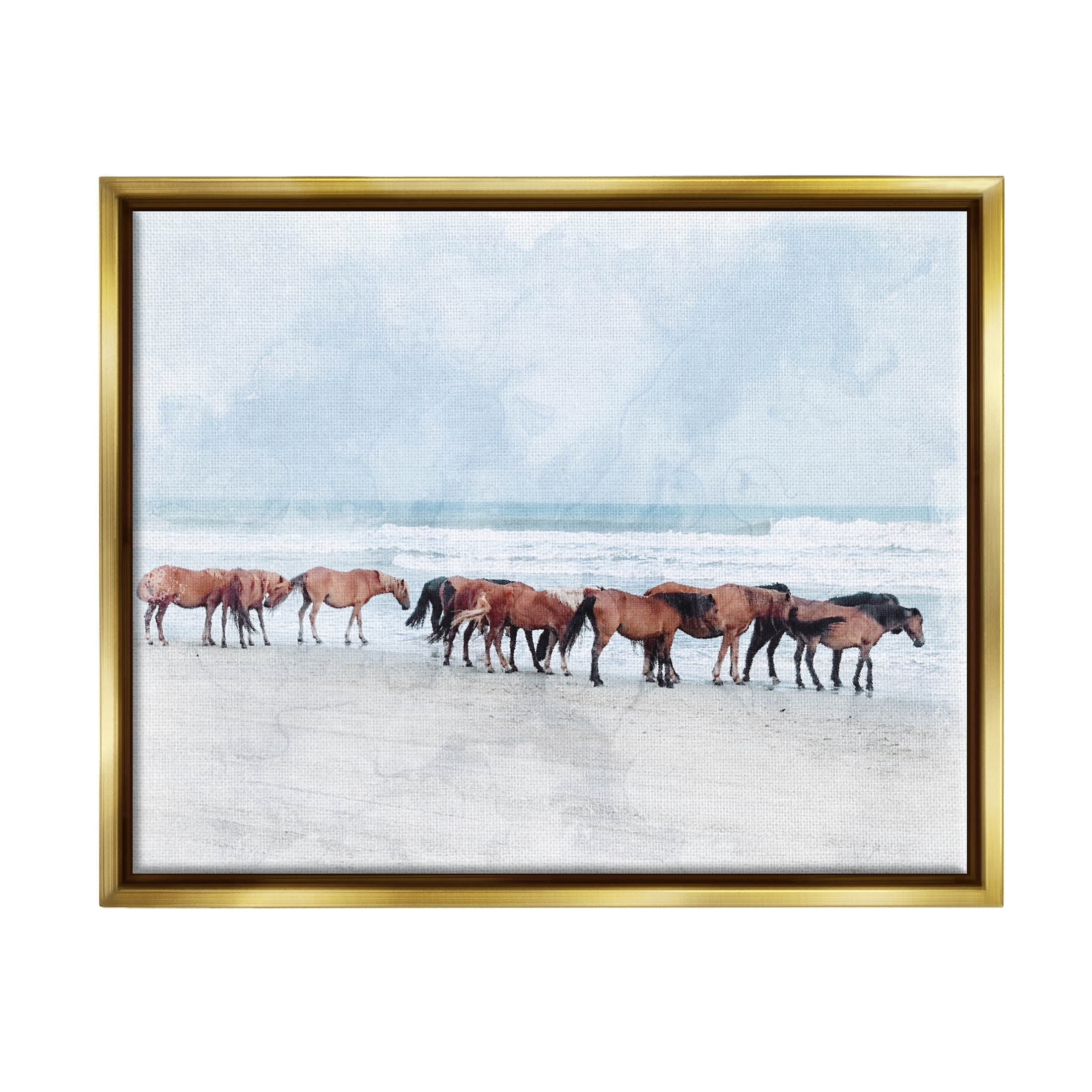 Horse Herd Grazing Beach Shore Animals & Insects Photograph Metallic Gold Framed Art Print Wall Art