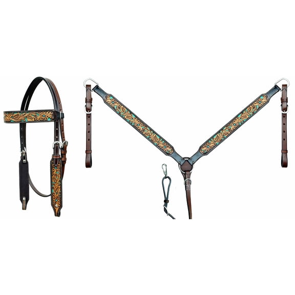 Horse Horse Western Floral Tooled Browband Bridle & Breast Collar Tack Set 78AD19B