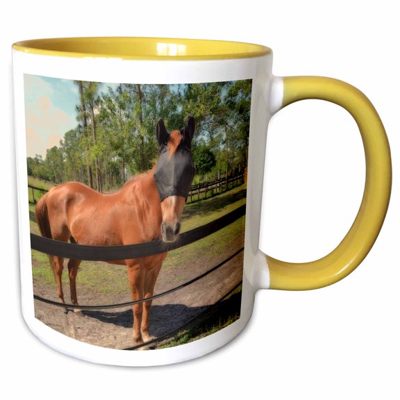 3drose, Horse in Fly Mask Equine, 11oz Two-tone Yellow Mug