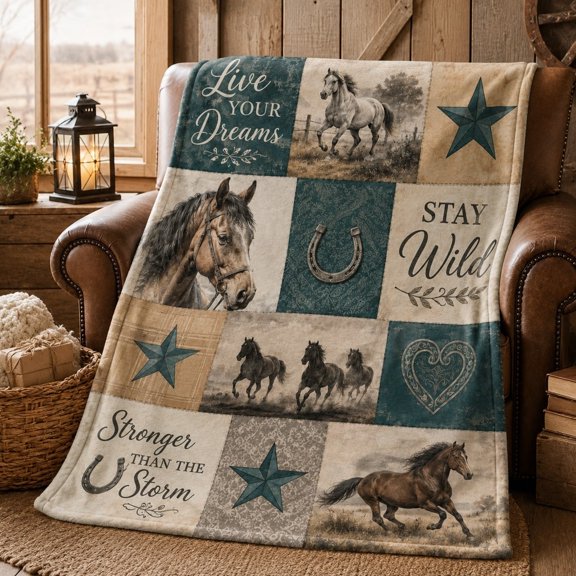 Horse Journey Fleece Throw Blanket, Soft 280 Gsm Polyester, Western Farmhouse Decor for Couch, Sofa & Bed