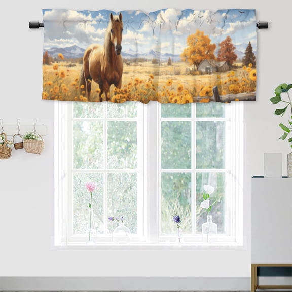 Horse Kitchen Valance Curtain Rod Pocket Fall Rustic Wooden Barn Farm Animal Bird Window Treatment for Living Room Bedroom Bathroom 54 by 18 in, 1 Panel