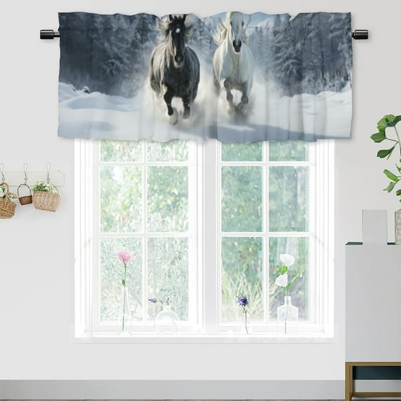 Horse Kitchen Window Curtain Valance Racing Black and White Horses on Snow Forest Window Valance for Bedroom Bathroom Living Room Dining Room Valances Set 54 by 18 in, 1 Panel