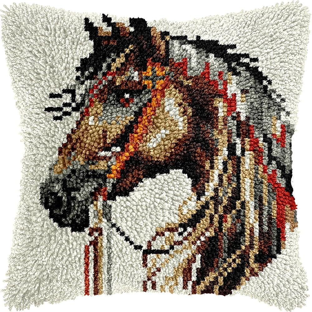 Horse Latch Hook Kits Pillow DIY Pillowcase Crochet Hook Cushion Making Kits with Preprinted Pattern Canvas Instruction Yarns Pillow Cover Easy Starter DIY Crochet Kits 43x43cm（L53)