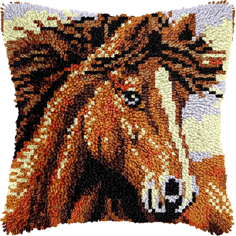 Horse Latch Hook Kits Pillow DIY Pillowcase Crochet Hook Cushion Making Kits with Preprinted Pattern Canvas Instruction Yarns Pillow Cover Easy Starter DIY Crochet Kits 43x43cm（L32)
