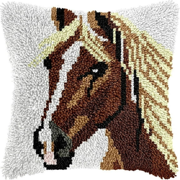 Horse Latch Hook Pillow Kits DIY Pillowcase Cushion Cover Crochet Hooking Pillow Making Kits with Color Pattern Canvas Crochet Hooking Kits Pillow 43x43cm(RC-172)