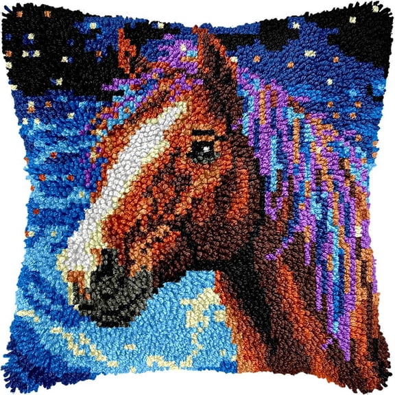 Horse Latch Hook Kits Pillow DIY Rug Crochet Hook Cushion Making Kits with Preprinted Pattern Canvas Instruction Yarns Pillow Cover Easy Starter DIY Crochet Kits 43x43cm de62)