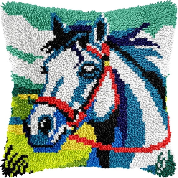 Horse Latch Hook Kits Pillow kits Cushion Throw Pillow Embroidery Craft Kits For Beginner DIY Kits of Handmade Pillowcase with Printed Canvas Home Decor 43x43cm (g85)