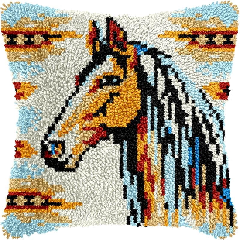 Horse Latch Hook Pillow Kits Cushion Pillowcase with Pattern Printed Canvas Sofa Hooking Pillows Crafts Embroidery Latch Hooking Crochet Kits 17x17 inch(40)