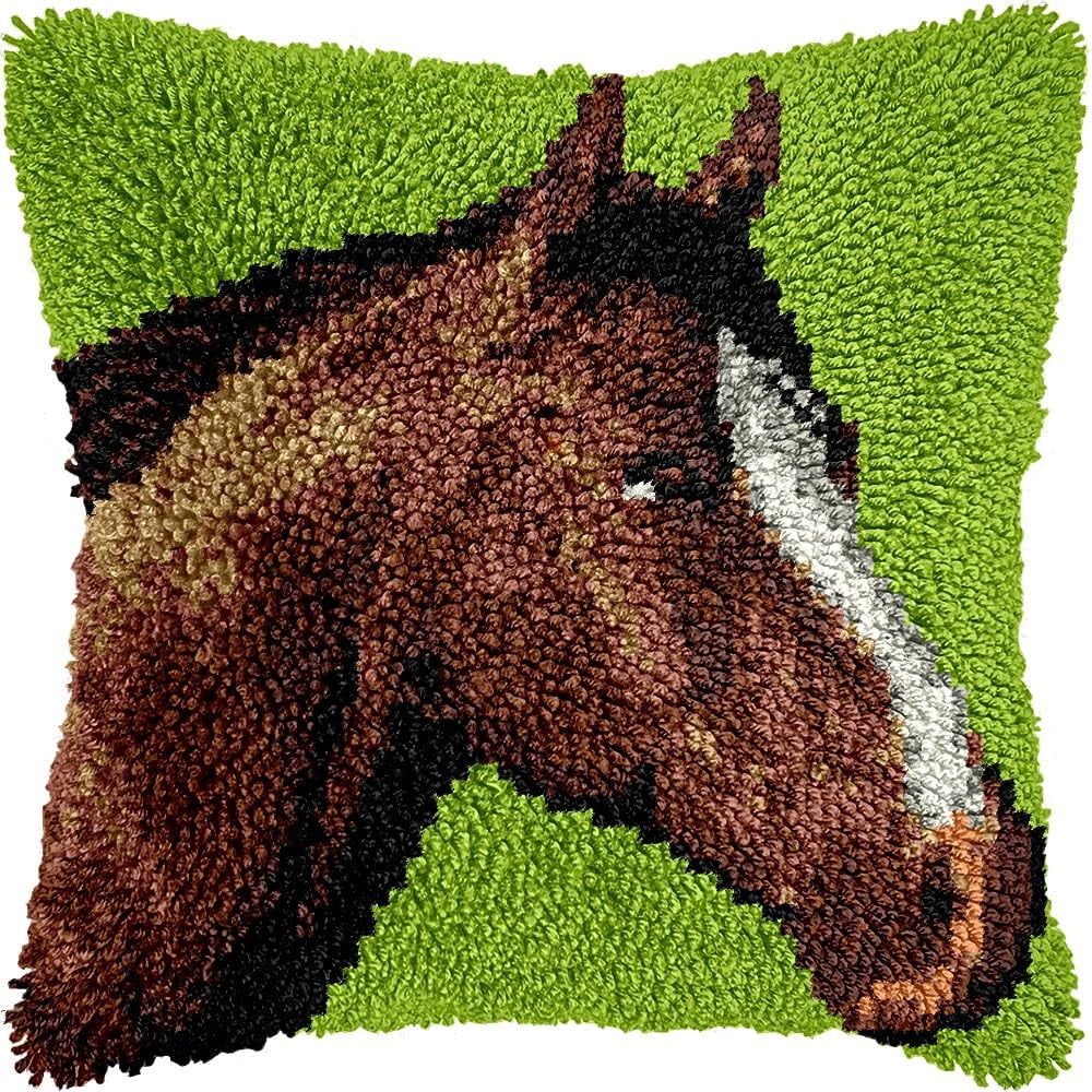 Horse Latch Hook Pillow Kits for DIY Handmade Throw Pillow Cushion Embroidery Latch Hooking Pillowcase Kits with Preprinted Canvas Crochet Yarn Kits 17''X 17''(g251)