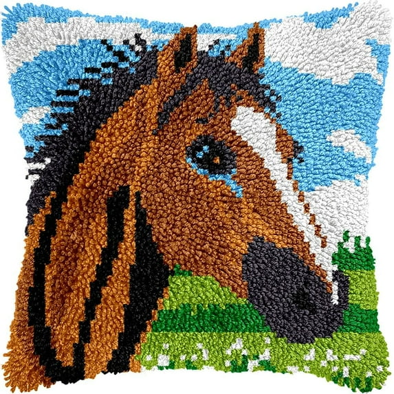 Horse Latch Hook Pillow Kits DIY Pillowcase Cushion Cover Crochet Hooking Pillow Making Kits with Color Pattern Canvas Crochet Hooking Kits Pillow 43x43cm(DQ-56)