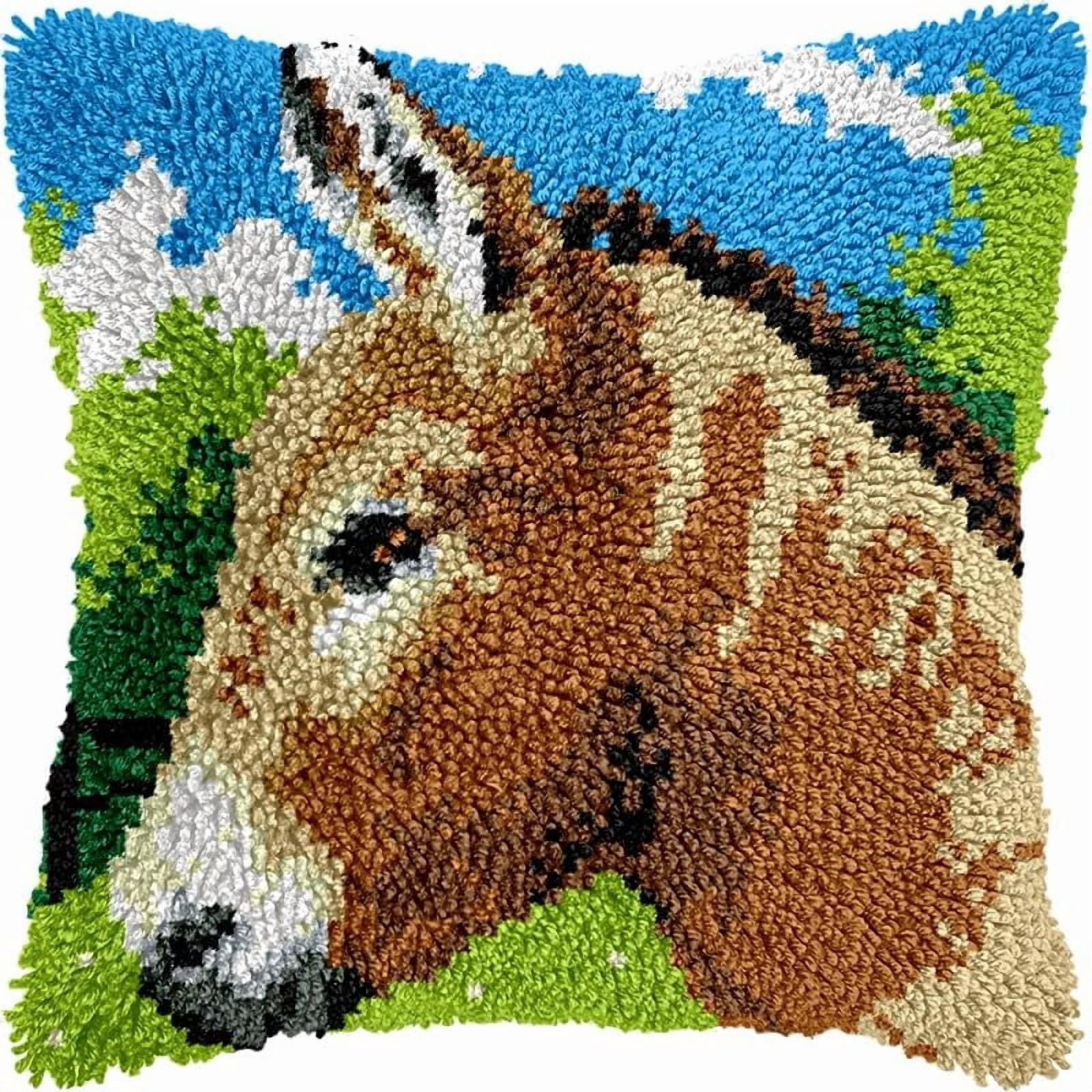 Horse Latch Hook Pillow Kits Pillow Cover with Pattern Printed Canvas Crochet Cross Hooking Pillowcase Cushion Crafts Embroidery Latch Hooking Crochet Kits 17x17 inch(83)