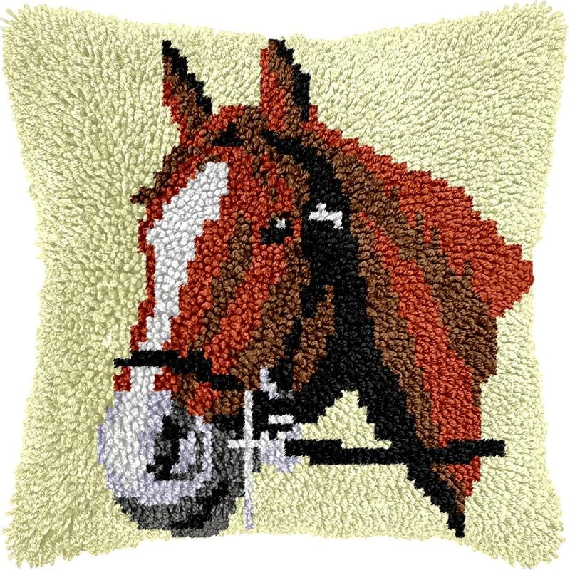 Horse Latch Hook Pillows Kits Cushion Pillow Cover with Pattern Printed Canvas Sofa Hooking Pillowcase Crafts Embroidery Latch Hooking Crochet Kits Set 17x17 inch(1)