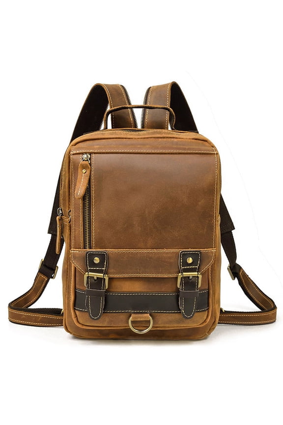 Horse Leather Men'S Backpack Multifunctional Leather Student Backpack Outdoor Travel Chest Bag Messenger Bag,Light brown