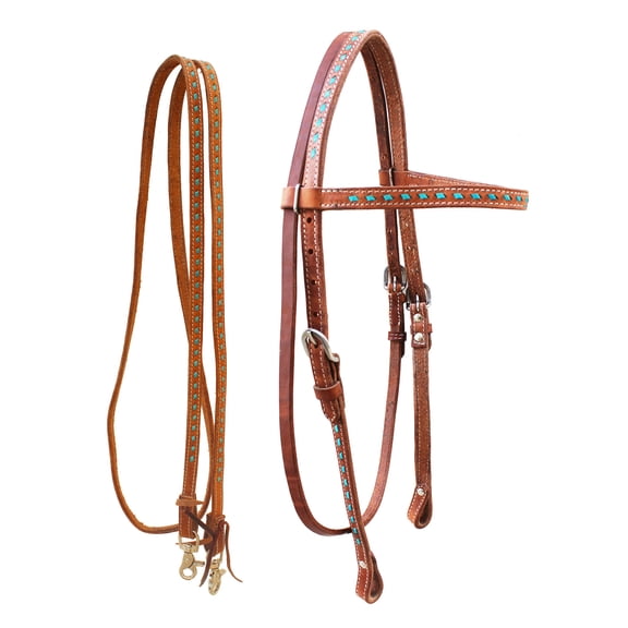 Horse Leather Turquoise Buckstitch Headstall w/ Barrel Reins 78AD11HB