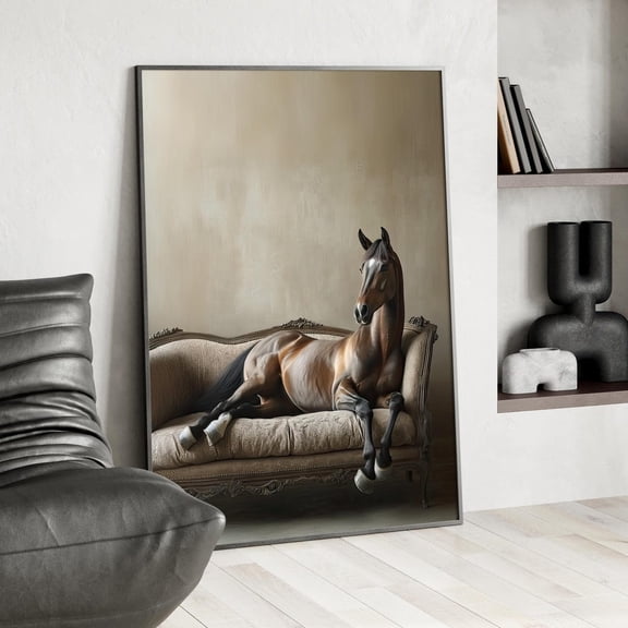Horse Lounging on Sofa Wall Art Quirky Farmhouse Decor, Stretched Canvas Size 12x18