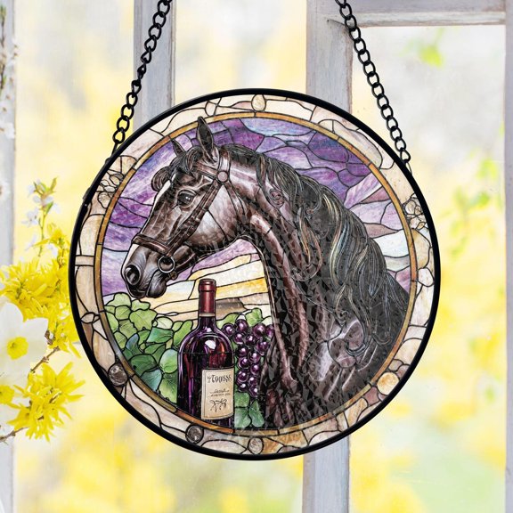 Horse Lover And Wine Drinker Stained Glass Suncatcher, Vineyard Decor For Mom, Country Farmhouse Window Hanging Stained Glass, Gift For Dad