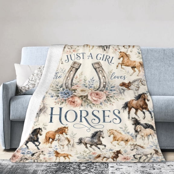 Horse Lover Blanket Gift Throw Blanket Floral Horseshoe Watercolor Gift for Girls Women Room Decor 60x50