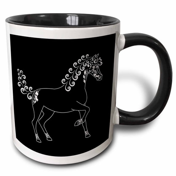 3drose, Horse Lover Gifts - Tattooed Horse Outline - Black and White, 15oz Two-tone Black Mug