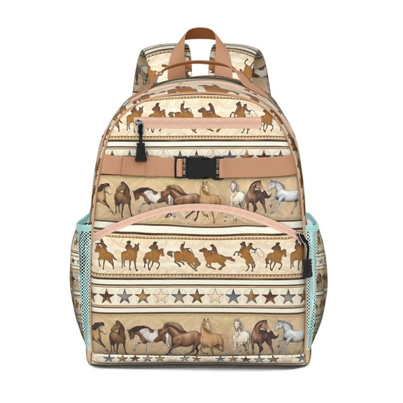 Horse Lovers Backpack - Retro Rural Print Waterproof School Bag with Adjustable Straps & Side Mesh Pockets
