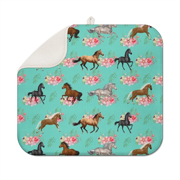 Horse Lovers Dish Drying Mat - 18x16 Inch Super Absorbent Microfiber Pad - Wild Horse & Floral Print Heat Resistant Countertop Mat - Foldable & Washable