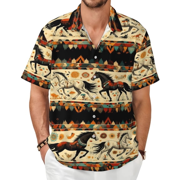 Horse Men's Shirts Short-Sleeved with All-Over Prints Button-Up Shirts