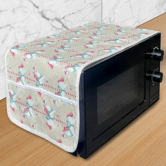 Horse Microwave Oven Cover, Merry Go Round Amusement Park Carousel Ride Roundabout Park, Water Resistant Organizer with Pockets for Kitchen, 36" x 12", Beige Seafoam Pink, by Ambesonne