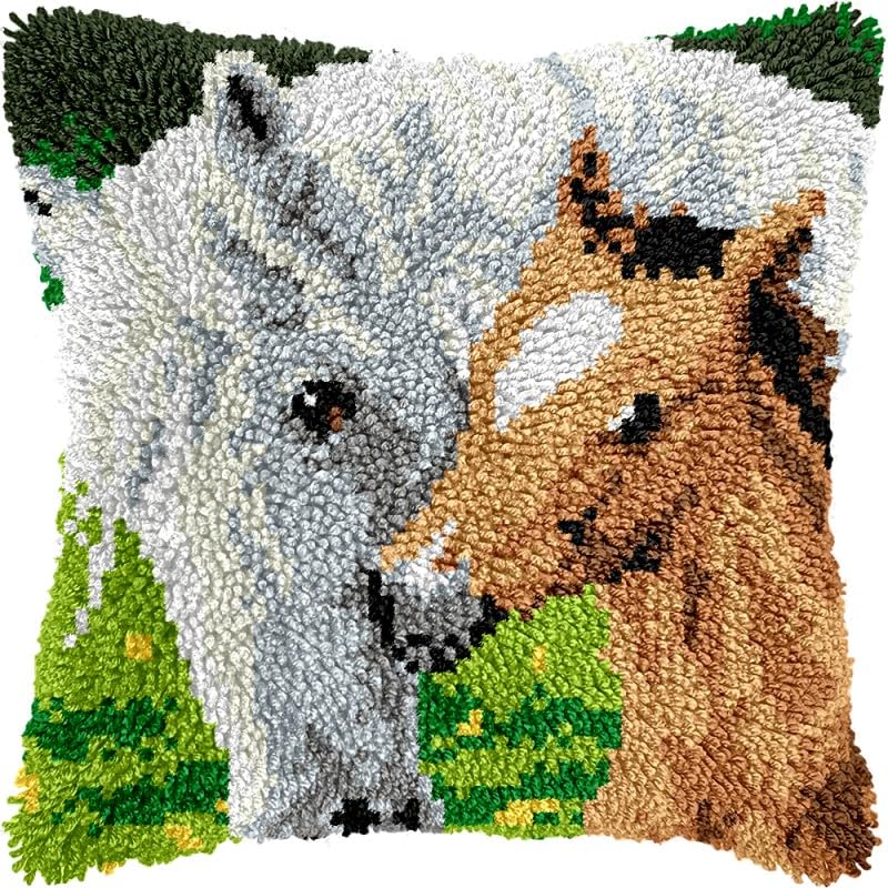 Horse Mother Latch Hook Pillow Kits Pillow Cover with Pattern Printed Canvas Crochet Cross Hooking Pillowcase Cushion Crafts Embroidery Latch Hooking Crochet Kits 17x17 inch(58)