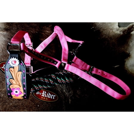 Horse Noseband Tack Bronc Leather HALTER Tiedown Lead Rope Pink Rodeo 280702