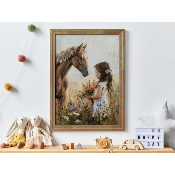 Horse Nursery Print, Little Girl & Horse Print, Horse Gift Girl, Wildflower Nursery Decor, Rustic Horse Print, Girl Room, Girl Art Wall Art, Modern Wall Decor, 24x36 UNFRAMED