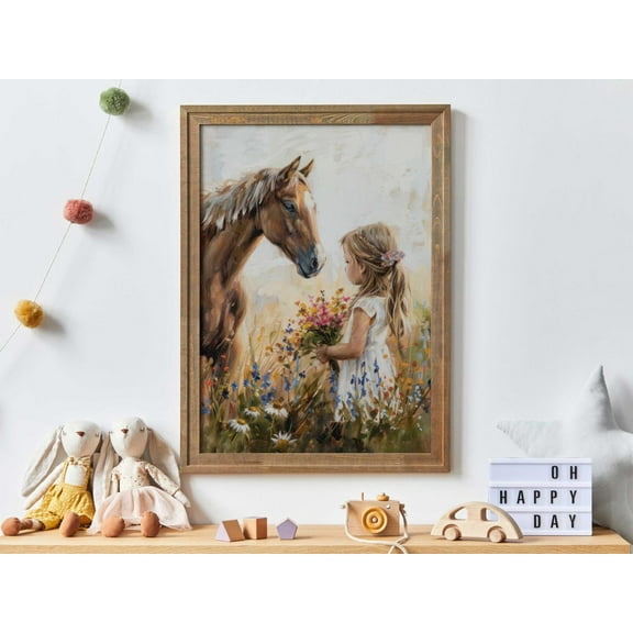 Horse Nursery Print, Little Girl & Horse Print, Horse Gift Girl, Wildflower Nursery Decor, Rustic Horse Print, Girl Room, Girl Art Wall Art, Modern Wall Decor, 12x18 UNFRAMED