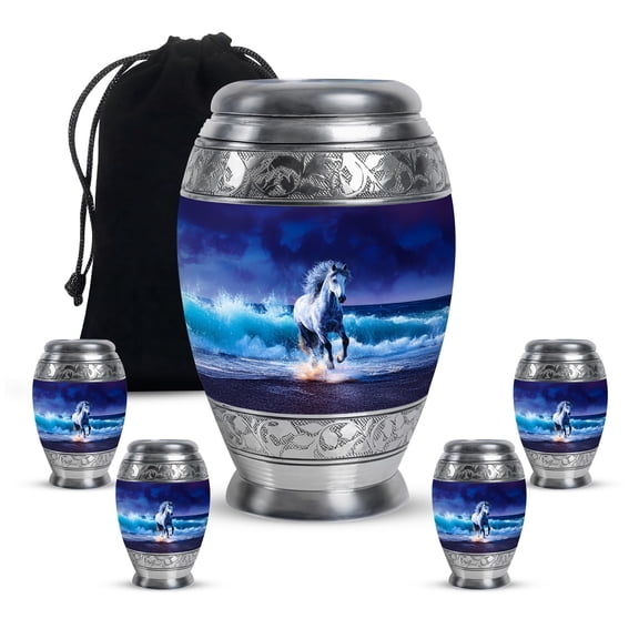Horse Ocean Urn for Women Ashes - Combo of 1 Large & 4 Keepsake Mini Urns for Adult Human Ashes - Funeral Burial Blue Urn for Mom Dad ( Set of 10 & 3 Inch )