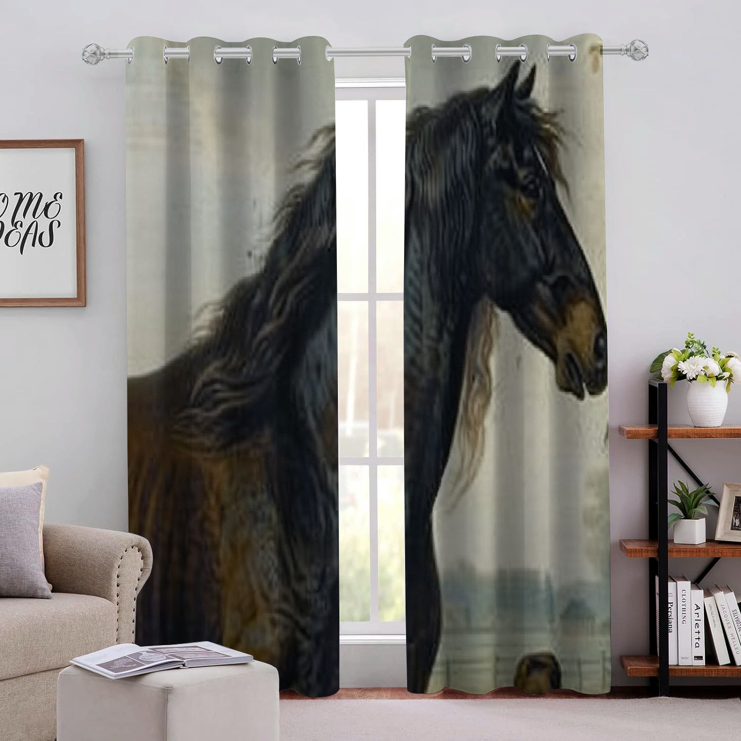Horse Oil Painting Grommet Blackout Curtains for Bedroom, , 2 Panels