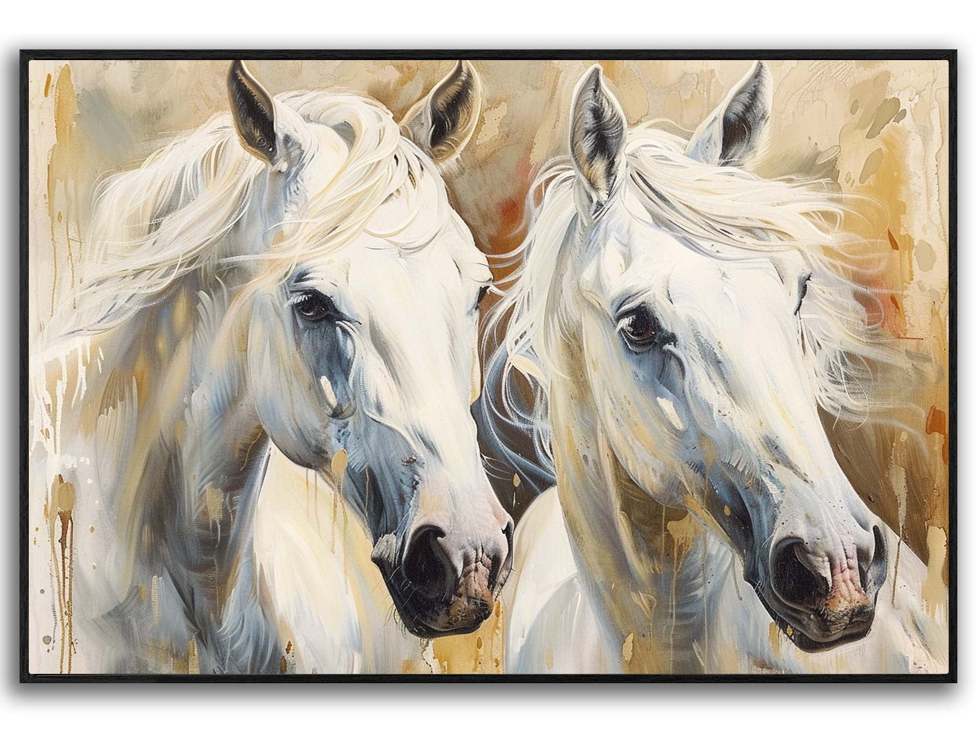 Horse Oil Painting Two White Horse Canvas Art Framed Horse Picture Wall ...