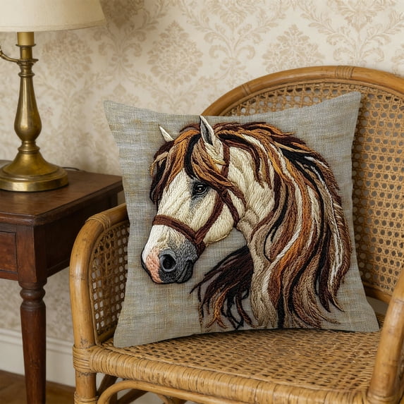 Horse Pattern Printed Plush Pillow Cover with Embroidered Style Decoration for Sofa Bedroom Living Room Home Decor Soft Comfortable Accent Throw Pillow Case