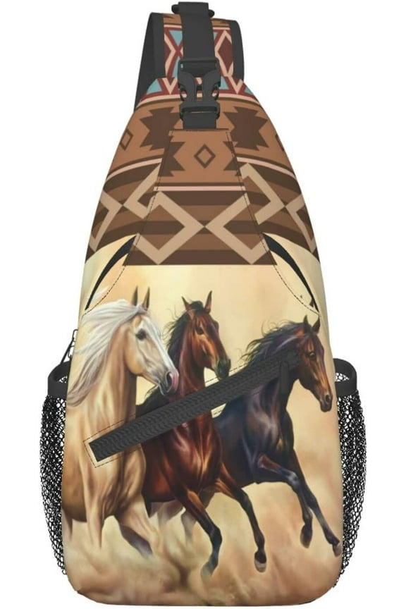 Horse Pattern Sling Bag Crossbody Backpack,Aztec Boho Ethnic Style Western Horse Chest Bag Three Horses Run In Desert Sandstorm Adjustable Shoulder Backpack Travel Hiking Casual Daypack Unisex