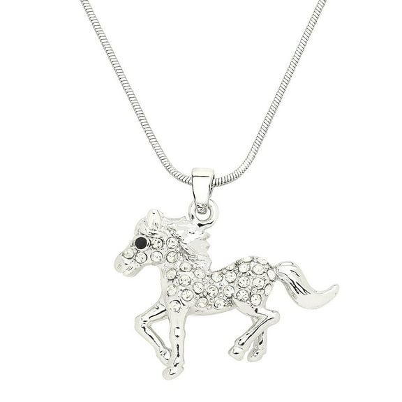 Horse Pendant Necklace Rhinestone Crystal Rhodium Plated 17 Inch Snake Chain J1022-CR
