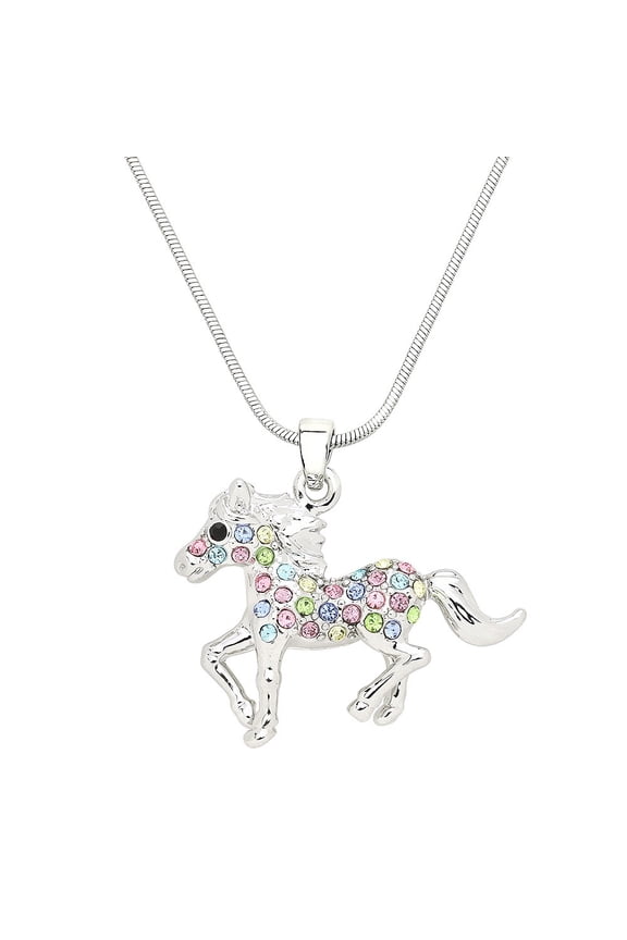Horse Pendant Necklace Rhinestone Crystal Rhodium Plated 17 Inch Snake Chain J1022-MT