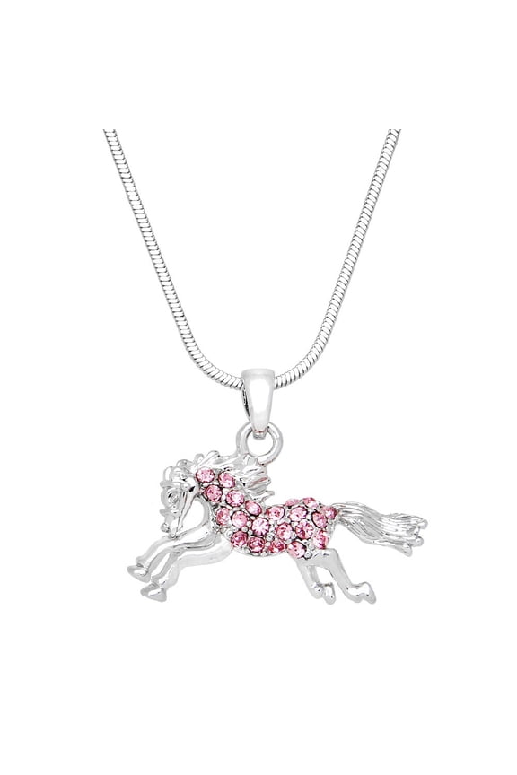 Horse Pendant Necklace or Earring Pink Rhinestone Crystal Rhodium Plated 17 Inch Snake Chain J0251-PK