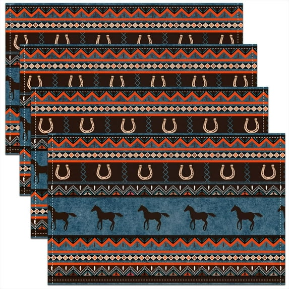 Horse Placemats Set of 4, Horse Hoof Nail Placemats for Dining Table, Bohemian Folk Style Washable Fabric Decoration Table Mats Placemat 18"x12"