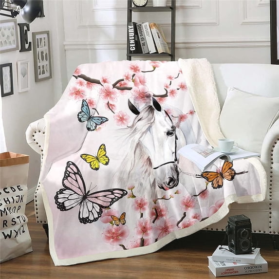 Horse Plush Blankets and Throws Butterfly Sukura Throw Blanket for Girls Farm Animal Sherpa Blanket Farmhouse Fuzzy Blanket for Bed Sofa Couch 60" x 80"