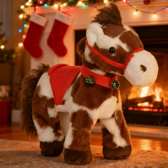 2026 Christmas Hobby Horse Lobby, 12.59" Hobby Dancing Lobby Horse Plush Plushine with Red Accents & Jingle Bells, Ideal Collectible Gift for Fan