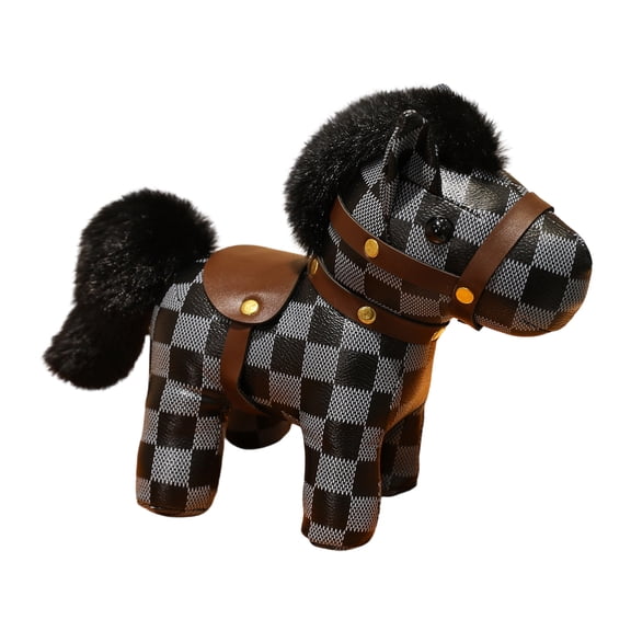 Horse Plush Figurine - 5 Inch Checkered Plaid Leather Style Unique Patterned Stuffed Pony with Soft Tail for Modern Home Interior Accents and Decor