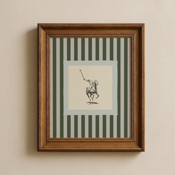 Horse Polo French Style Blue And Green Striped Illustration Wall Art Prints, Cottage Core, Vertical Portrait, Bedroom And Gallery Wall Decor