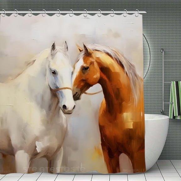 Horse Portrait Oil Painting Print Shower Curtain,Modern Fabric Waterproof Shower Curtain Set with Hooks,70.8×70.8Inch