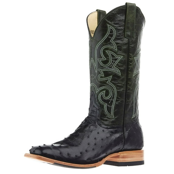 Horse Power Top Hand Men`s Black Full Quill Ostrich Emerald Explosion Top Square Toe Black 10 EE