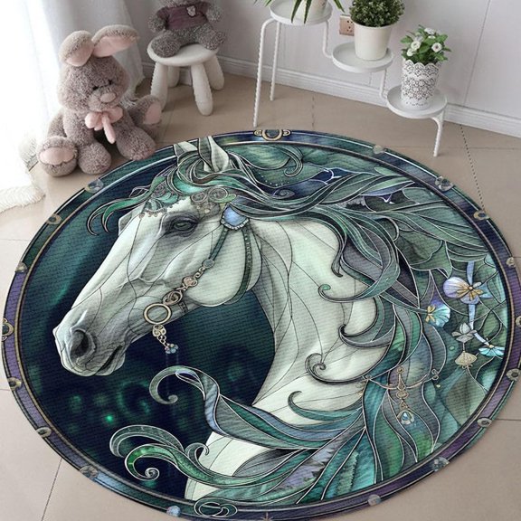 Horse Print Animal Round Area Rug, modern ranch circle carpet for kids room or cowboy themed bedroom, soft washable non-slip floor mat, cute farm animal western décor