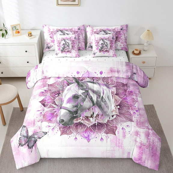 Horse Print Bed in a Bag 7-Piece Animal Wildlife Bedding Set,Tribal Mandala Floral Full Size Comforter Set Pink Oil Painting Bedding Comforter Sets,Modern Ombre Bed Set