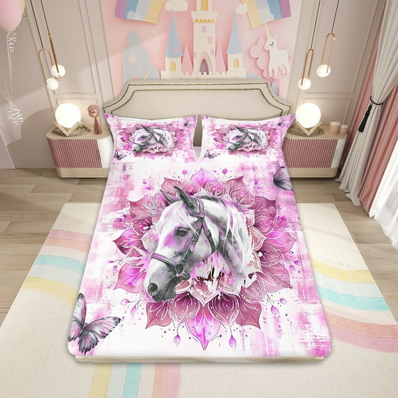 Horse Print Bed Sheets Set for Kids Child Animal Wildlife Sheet Set,Tribal Mandala Floral Bed Set Pink Oil Painting Twin Sheets,Modern Ombre Bedding Set
